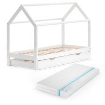 Lit cabane Wiki, Blanc, 90x200 cm avec lit d'appoint et matelas Vitalispa