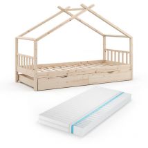 Lit cabane Design, Marron, 90x200 cm avec lit d'appoint et matelas Vitalispa