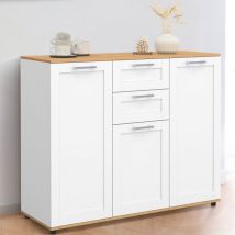 Idmarket - vito Aparador de 100 cm con 3 puertas y 2 cajones blancos y tapa de madera