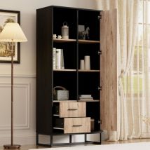 Modfu - Vitrina industrial 80x40x180cm con 2 cajones 1 puerta, columna, mueble de almacenaje, mdf + aglomerado, negro + natural