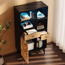 Modfu - Vitrina salon 150.58040 cm, mueble de salón con iluminación led de 12 colores, cajones y estantes de cristal, negro