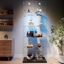 Vitrine 187x79x35 Cm Aus Hartglas Mit 5 Ebenen - Vitrinenschrank Mit Runden Led-spots Für Wohnzimmer Und Büro - Schwarz