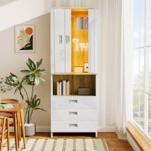 Vitrine 65x35x181.5cm - Armoire à porte en verre avec éclairage led réglable, façade blanche brillante - blanc + bois