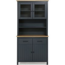 Vitrine en pin massif décor ciré chêne et bleu, meuble de rangement - Longueur 90 x Profondeur 40 x Hauteur 180 cm -PEGANE-
