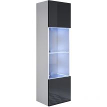 Vitrine murale 1 porte avec led Meuble de Rangement suspendu 40x165x29cm 4 compartiments Modèle Luke V6 Blanc et Noir Finition brillante