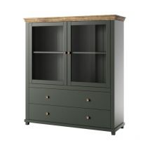 Vitrinenschrank Kollektion assia. Farbe Grün und Eiche. 2 Türen und 2 Schubladen.