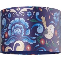 Happy Homewares - Vivid Floral Midnight Blue Satin Fabric 12 Drum Lamp Shade with Bird Decoration by Midnight Blue