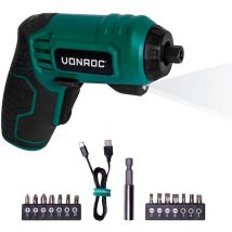 Vonroc - Destornillador inalámbrico - 4V - Incluye un juego de 14 pcs. de puntas, un cable de carga usb-c y una bolsa de herramientas