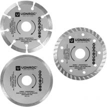 Vonroc - Set di 3 dischi diamantati universali per smerigliatrici per pietra, cemento e ceramica. Incl. 1x segmentato, 1x continuo e 1x turbo. 115 mm