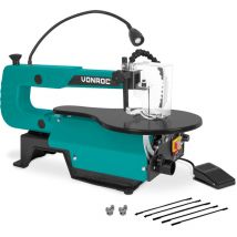 Scie à chantourner 120W - 6 lames de scie incluses - avec pédale - éclairage de travail led - tuyau de soufflage de poussière flexible - - Vonroc