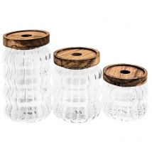 Vorratsgläser 3erSet mit luftdichtem Holzdeckel aus Borosilikatglas Wave-Style