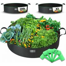 Vounot - 3 Piezas Bolsas de Cultivo Huerto Urbano 200L, Maceta de Tela no Tejida con Asas y Etiquetas de Plantas, Negro