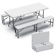 Bierzeltgarnitur Klappbar 3-teilig Set, 1 Biertisch & 2 Bierbänke, Festzeltgarnitur Gartengarnitur Campingset, Weiß - Vounot