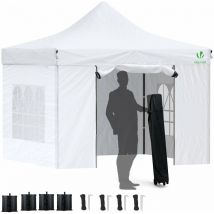VOUNOT Gazebo Giardino 3x3m Pieghevole con 4 Parti Laterali, Tenda per Feste Pop up con 4 Sacchi di Sabbia e Borsa di Trasporto, Bianco