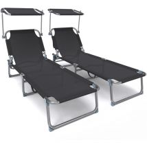 Vounot - Juego de 2 Tumbonas Plegables con Parasol, Tumbona Playa Respaldo Ajustable Tejido Textileno, 190x58x27cm, Negro