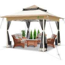 Vounot - Pavillon 3,6x3,6m, Pop Up Partyzelt mit Mesh Sides & Doppeldach Faltpavillon Beige