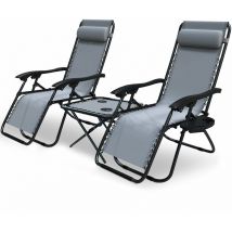 VOUNOT Set of 2 Zero Gravity Chair and Matching Table, Reclining Sun Loungers with Cup & Phone Holder, Grey