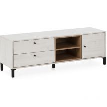 Vs Venta-stock - Mueble tv sidney 2 cajones y 1 Puerta. Color Blanco y Madera. 136.5 cm (Ancho) 40 cm (Profundo) 47 cm (Altura)