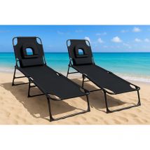 2x Black Sun Loungers for Garden Foldable 5 Reclining Positions Sun Lounger Chair with Padded Face Hole Folding Metal Frame Extra Cushions no
