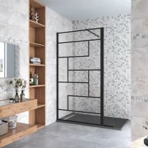 Aica Sanitaire - Walkin Mampara Panel de ducha Serigrafiado de línea negra 2 hojas Vidrio 8mm Antical con Barra1 Negra mate 90cm