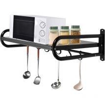 Cncest - Wall Mounted Microwave Bracket Carbon Steel Microwave Shelf with 6pcs Hooks Oven Rack Stand Multi Use Kitchen Shelf Holder Walll Mounted