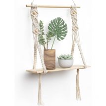 Longziming - Wall Shelf Wood Macrame Bohemian Deco Plants Simple Tassel Manual Woven Bedroom Living Room wc Hanging Shelf Rope