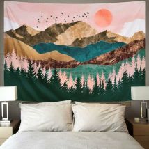 Wall Tapestry, Sunset Art Tapestry Forest Tree Tapestry Mountain Wall Hanging Psychedelic Nature Landscape Tapestry Bedroom Living Room Decor,