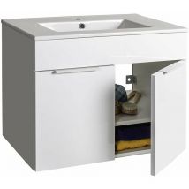 Decor Space - Wandbadezimmerschrank mit glänzend weißer Keramik und Zement-Waschtisch h 58 cm mit 2 Holztüren