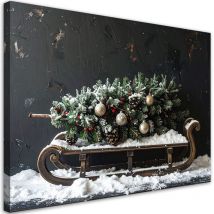 Wandbild Weihnachtsbaum Geschenke Schlitten 100x70 cm – Canvas-Leinwand 240 g/m² – UV-beständig, wasserfest, geruchsneutral