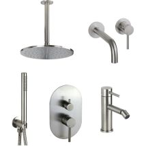 Wandmontierter Waschtischmischer, Bidet und Duschset mit deckenmontiertem Duscharm Pollini Jessy Steel KITJESSYSTEEL8