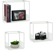 Wandregal im 3er Set, für Wohnzimmer, modernes Gitter-Design, Cube, eckiges Wandboard, Metall, 15cm tief, weiß - Relaxdays