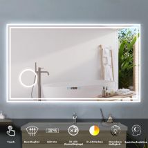 Acezanble - 140 x 80 cm Beschlagfrei+3 Lichtfarben Dimmbar+Uhr+3x Vergrerung Schminkspiegel+LED Memory Funktion