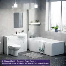 Warton P-Shaped Left Handed Bath, 550mm Vanity Basin Unit, wc Unit and Curved btw Toilet Suite White