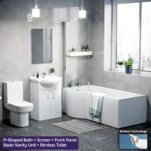 Nes Home - Warton P-Shaped Left Handed Bath, 550mm Vanity Basin Unit, wc Unit and Rimless Toilet Suite White