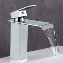 Waschbecken-Wasserhahn, moderner Wasserfall-Waschtisch-Wasserhahn aus verchromtem Messing, Keramikventil, abgeflachtes rechteckiges Design für 30 %