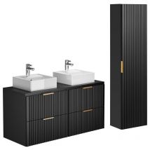 Waschbeckenunterschrank hängend mit Aufsatzwaschbecken & Badhochschrank - Streifenoptik - Schwarz - 120 cm - ZEVARA