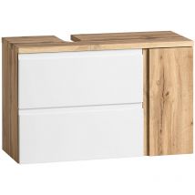 Waschbeckenunterschrank mit Siphonausschnitt links VASTO-03-WHITE, in Wotan Eiche Nb. mit weiß matt, b/h/t ca. 85/56/35 cm