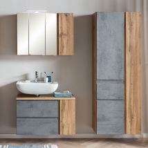 Lomadox - Waschplatz Set mit Hochschrank, grifflos, stehend oder hängend, in Wotan Eiche Nb. mit Beton Optik, VASTO-03-CONCRETE, b/h/t ca. 165/200/35