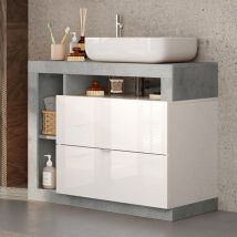 Waschtisch in Hochglanz weiß und Betonoptik, HANOI-05