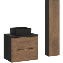 Petits-meubles - Waschtisch und Hängesäule 60cm Elena mit 2 Schubladen, Holzoptik und Schwarz