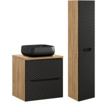 Petits-meubles - Waschtisch und Hängesäule 60cm Elora mit 2 Schubladen, Schwarz und Holzoptik