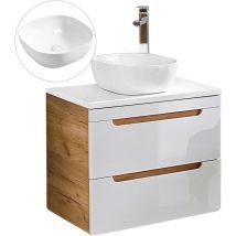 Waschtischunterschrank 60 cm mit 42 cm Keramik-Waschbecken LUTON-56 in Hochglanz weiß mit Wotan Eiche Nb., b/h/t ca. 61/76,5/46 cm
