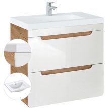 Lomadox - Waschtischunterschrank 61 cm mit Keramikbecken LUTON-56 Hochglanz weiß mit Wotan Eiche Nb. b/h/t ca. 61/63/46 cm