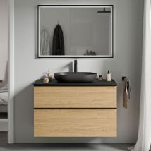 Badmöbel Unterschrank Bernstein lavoa 100cm Badmöbel: Eiche Honiggold, Waschtischplatte: Schwarz matt, Metallgriff: Anthrazit matt