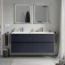 Waschtischunterschrank Bernstein LAVOA 140cm mit Mineralguss Waschbecken BRUXELLES Badmöbel: Mitternachtsblau matt, Waschbecken: Weiß matt mit
