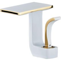 Sjqka - Wasserfall-Waschtisch-Warm- und Kaltwasserhahn, Waschtisch-Waschtisch-Mischbatterie, Einhebel-Waschtischarmatur, Messing (Weiß + Gold)