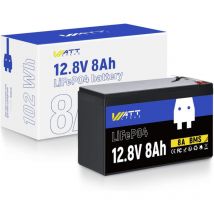 WattCycle Batterie Lithium 12V 8Ah LiFePO4 Rechargeable Cycle Profond 3000+ et Protection BMS, Idéale pour Petits Systèmes Solaires Accessoires