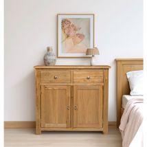 Hallowood Furniture - Waverly Oak Small Sideboard with 2 Drawers & Cupboard, Wooden Small Cabinet with Adjustable Shelves in Light Oak, Living Room