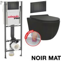 Coribi - WC-Komplettpaket ohne Flansch Bati initio + mattschwarzes, wandhängendes Becken ohne Flansch + Schwarze Soft-Touch-Platte