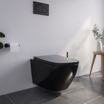 Toilettes Japonaises Noir céramique sans rebord, wc lavant japonais + télécommande, filtre odeurs, séchoir air chaud, rincage 180°, abattant